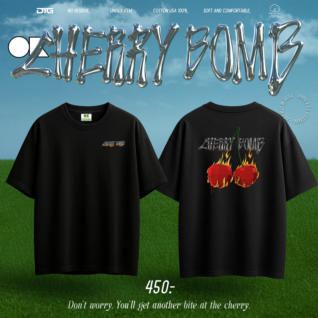 OK Apparel เสื้อยืดคอกลมแขนสั้น ลาย Ok Cherry Bomb Oversize Cotton ⚡️USAคุ้มสุด!