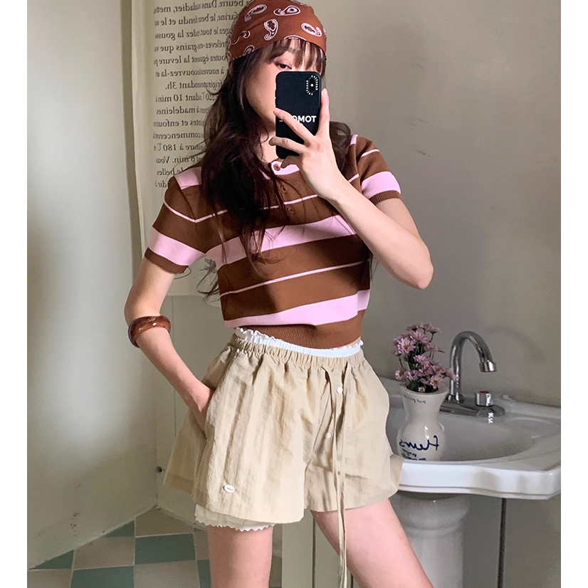 (พร้อมส่ง) Clothestoryy - IceCream Cake POLO เสื้อโปโลไหมพรม แขนสั้น ลายทาง