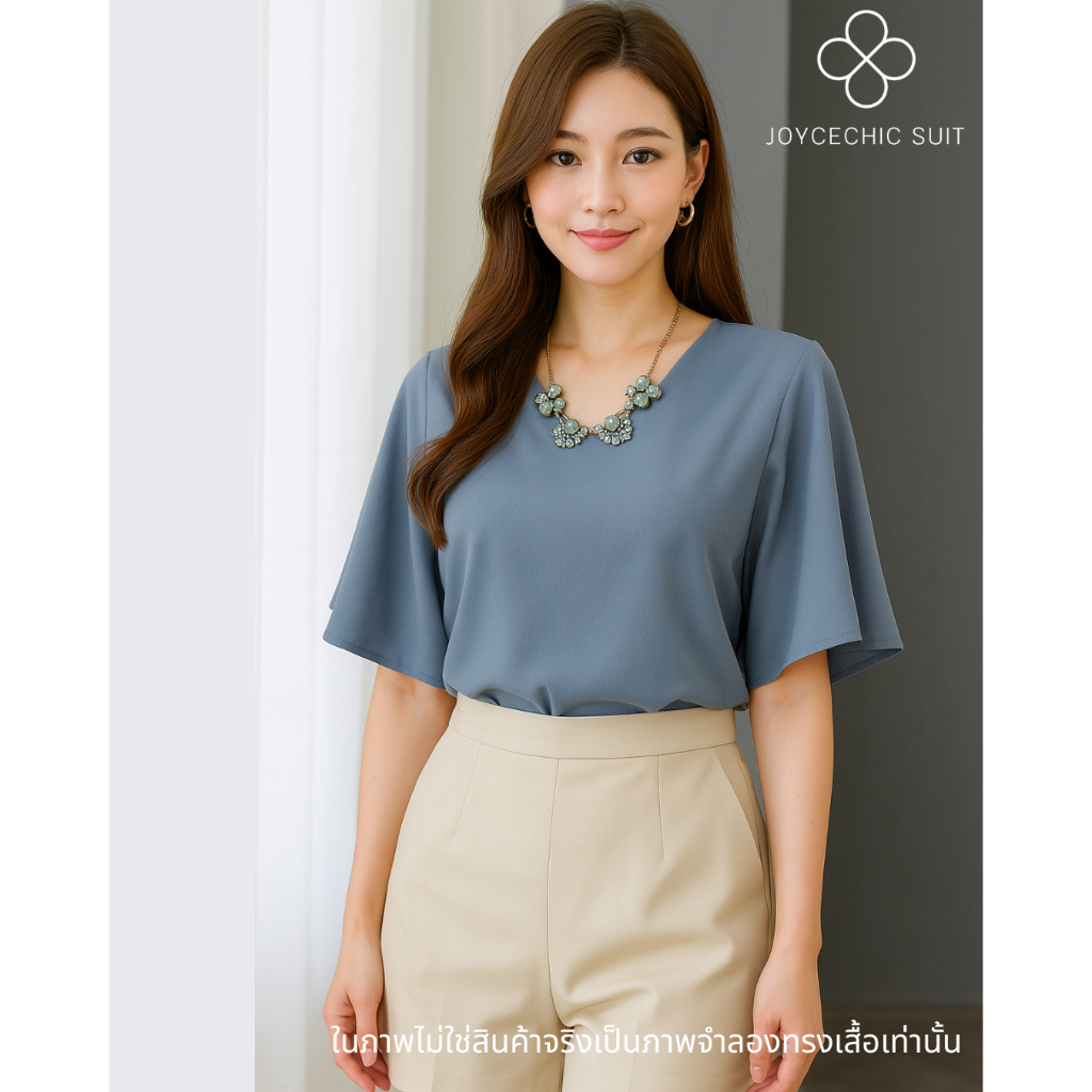 เสื้อผู้หญิงคอวี แขนระบาย สาวอวบ ใส่ได้ ฟรีไซส์รอบอกอกถึง 44-46 นิ้ว ใส่ทำงาน ใส่เที่ยว ใส่สบาย ไม่ร้อน