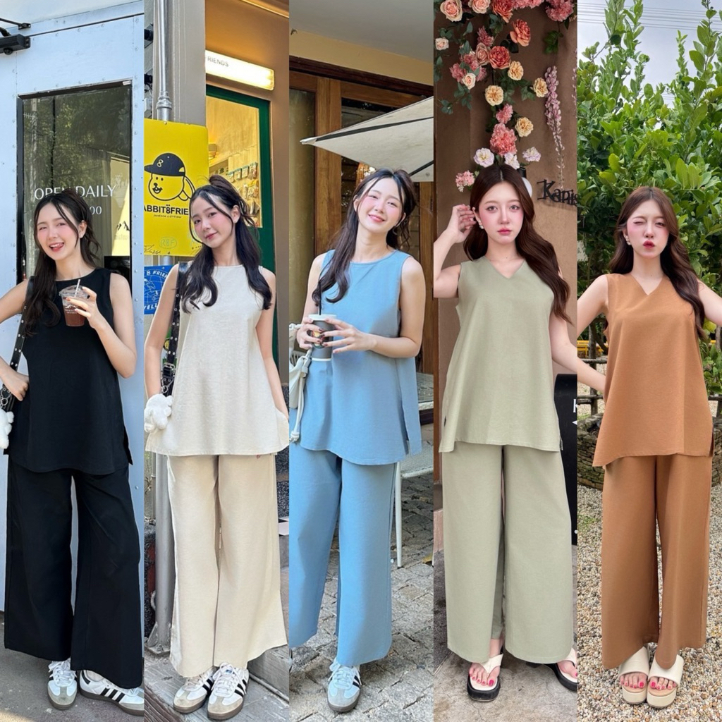 Teera❤️พร้อมส่ง✨2ชิ้น💝🫶🏻งานชุดSetผ้าลินิน เสื้อคอกลมดีเทลผูกหลังผ่าข้าง กางเกงมีกระเป๋าล้วงสองข้าง ชุดเดียวจบค่า🫶🏻nanny
