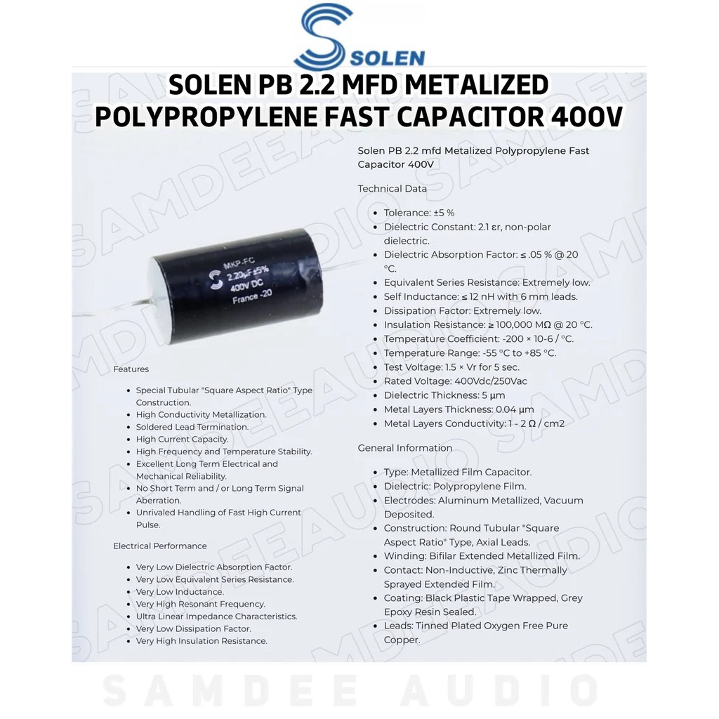 (ราคาต่อ1ชิ้น)Solen PB 2.2 mfd Metalized Polypropylene Fast Capacitor 400V