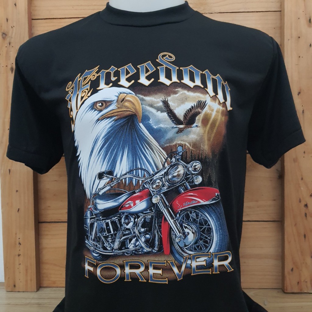 เสื้อ3dฮาเลย์นก freedom คอกลม สีดำ ผ้าบาง วินเทจ