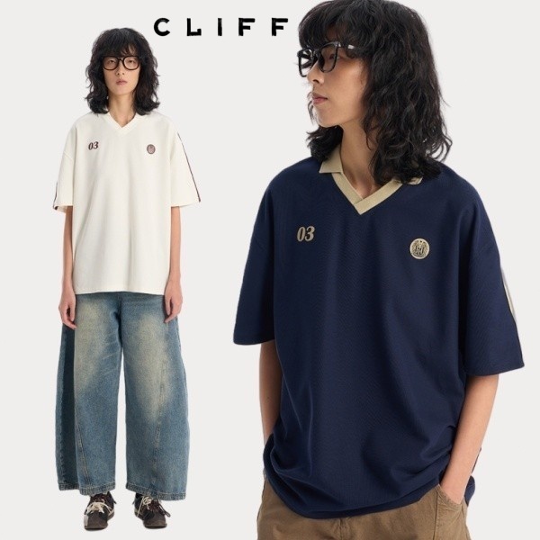 CLIFF แขนสั้นวินเทจสไตล์อเมริกัน เสื้อผ้าผู้ชายแฟชั่น คอวี ยอดนิยม แมทช์ลุคง่าย Oversize ราคา ถูกที่สุด ดีลบีเคเค