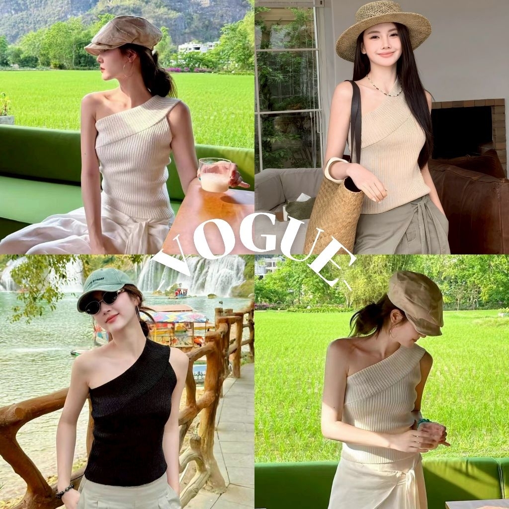 Vogue พร้อมส่ง เสื้อกล้ามไหมพรม ดีเทลผ้าร่องสายข้างเดียวทรงรัดรูป (Y9728)