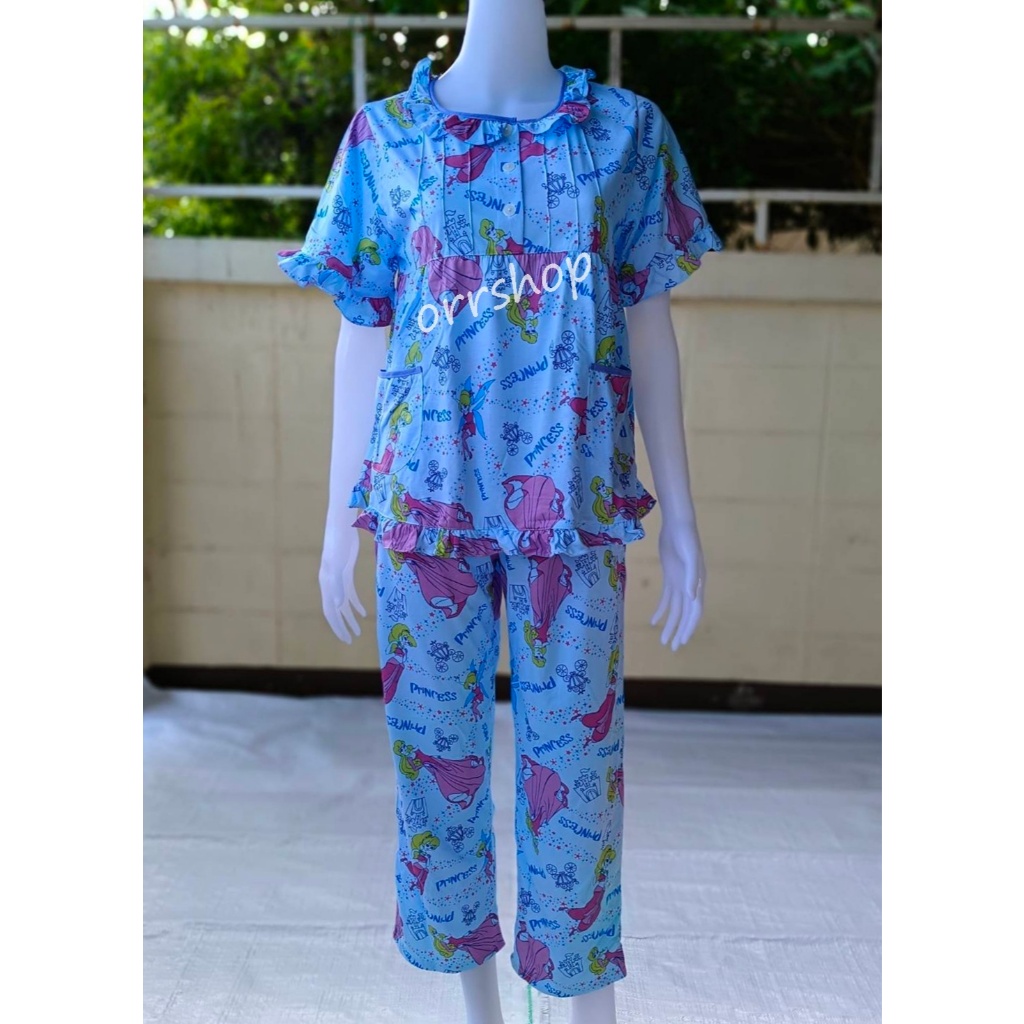 ชุดนอนผู้ใหญ่ ไซส์ 14-16 รองฟรีไซส์ แขนสั้น ขายาว ผ้ายืด แบบคอระบาย กระดุม 3 เม็ด