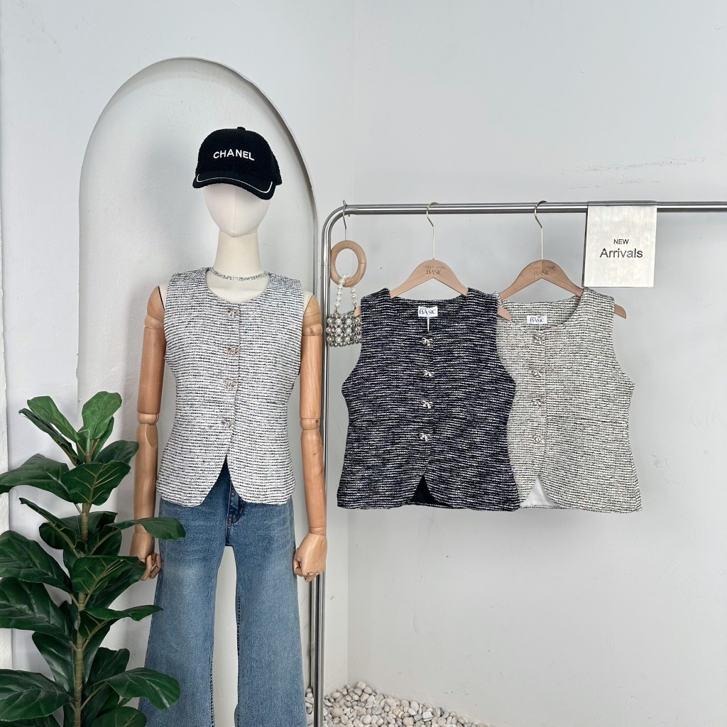 Mook_shop เสื้อทวิตแขนกุดกระดุมโบว์ มีซับใน เสื้อผ้าแฟชั่น เสื้อผ้าผู้หญิง