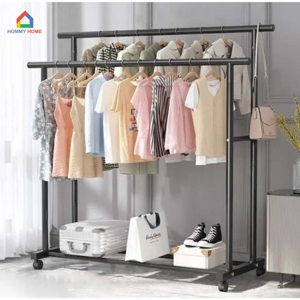 Hommy [บาร์คู่พิเศษ] ราวตากผ้า แขวนเสื้อผ้า มีล้อบาร์คู่ ชั้นวาง2ชั้น โครงเหล็กรับน้ำหนักได้เยอะ Y@2
