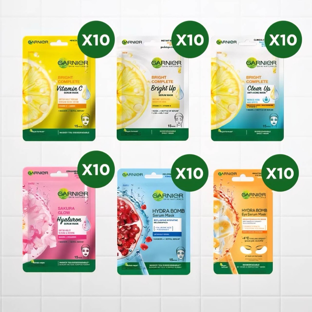 GARNIER SKIN NATURALS BRIGHT COMPLETE ไบร์ท คอมพลีท วิตามิน ซี เซรั่ม มาส์ก ปริมาณสุทธิ 23 กรัม X 10 ซอง