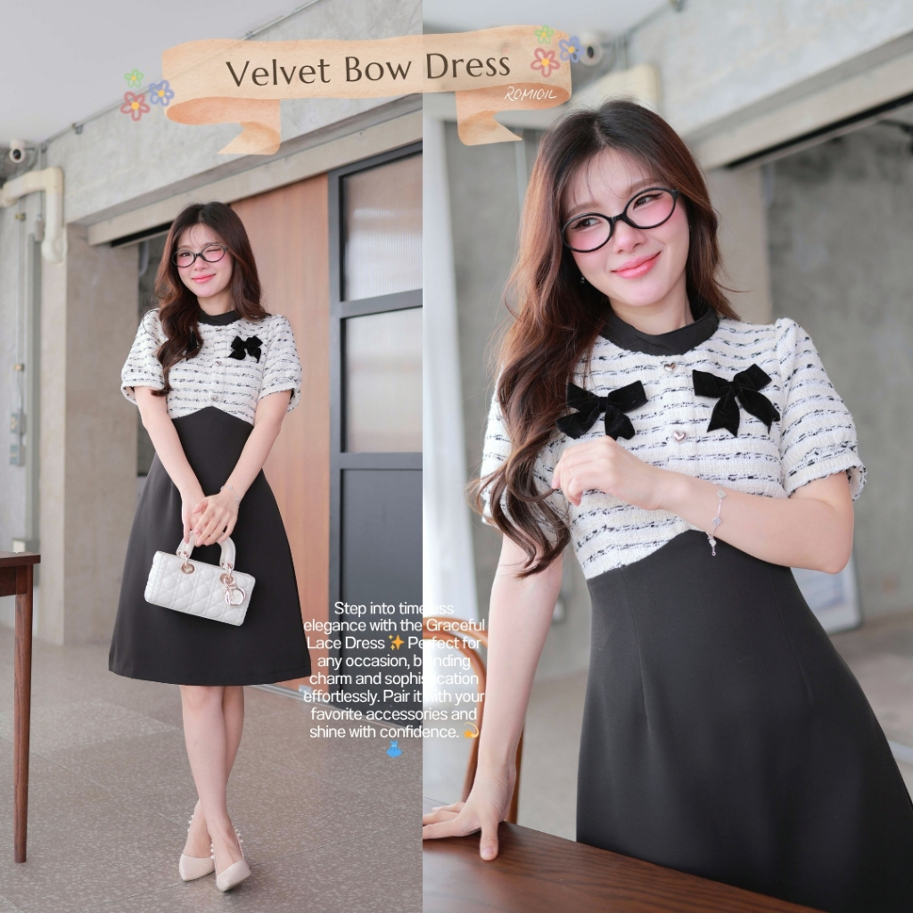 "Romi"Oil" Velvet Bow Dress (Black) J606 ชุดเดรสทวีตกระโปรงดำ (ผ้าทวีตแต่งโบว์ดำ)
