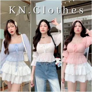 Kathy top : เสื้อครอปแขนยาว จั้มเอวจั้มแขน ใส่ขึ้นไหล่ปาดไหล่ได้ เนื้อผ้าบางมีเทคเจอร์ KN.Clothes