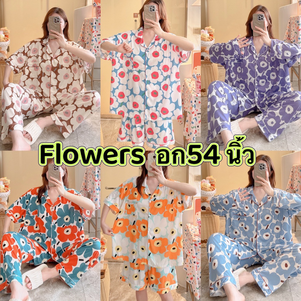 🌼Flowers ชุดนอน ผ้าคอตตอน บิ๊กไซส์ อก54นิ้ว ขนาดใหญ่ เเขนสั้น-ขาสั้น ผ้านุ่ม ใส่สบาย
