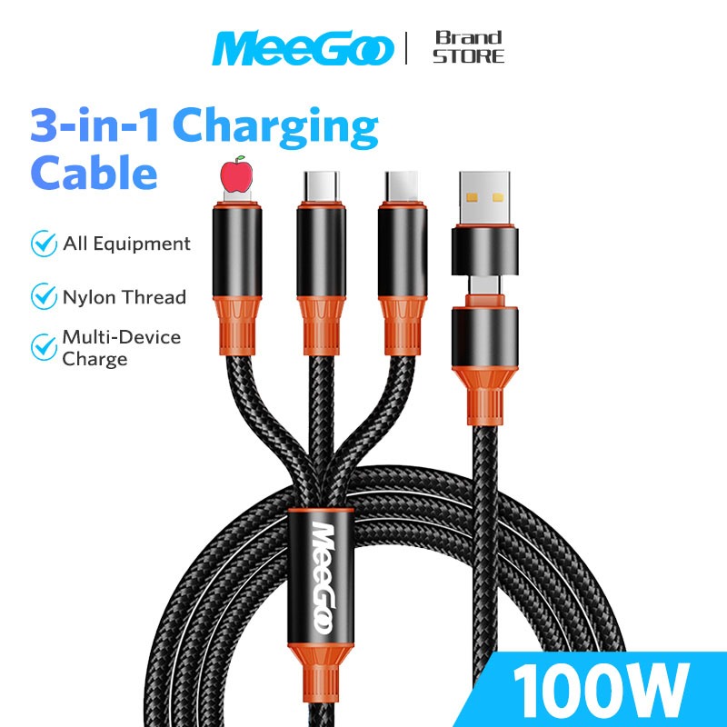 MEEGOO สายชาร์จ 3 หัว สายชาร์จเร็ว 3 in 1 100W สายเคเบิลข้อมูล1.2M ถ่ายโอนข้อมูลได้ Forมือถือทุกรุ่น