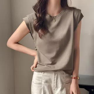 เสื้อแขนกุดผู้หญิงทำงาน สีพื้น oversize เสื้อผ้าสาวอวบน่ารัก เสื้อยืดแฟชั่นมาใหม่สวยๆ ลําลองทรงหลวมสไตล์เกาหลีแขนสองชั้น