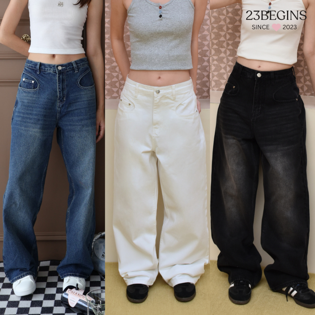 Evelyn Jeans (XS-2XL) กางเกงยีนส์เอวกลาง ผ้าพรีเมียม คัตติ้งเนียบ ทรงbaggy (001)