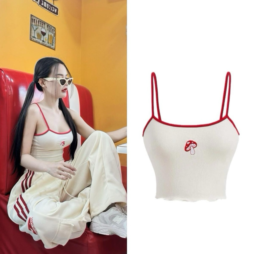 Crop top เสื้อครอปสายเดี่ยวลายเห็ดแดงตัดขอบ น่ารักคิ้วๆ