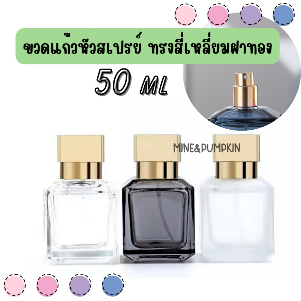 【M&P】ขวดแก้วเปล่า หัวสเปรย์ ทรงสี่เหลี่ยมจตุรัส ฝาทอง ขนาด 50 ml