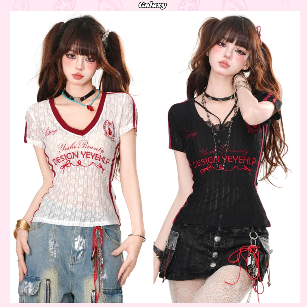 เสื้อยืดผู้หญิง เสื้อยืดลูกไม้เซ็กซี่ ผ้าเบาบาง ใส่สบาย ยืดเยอะ สไตล์อเมริกา #020315
