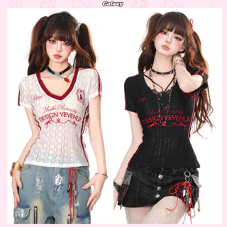 เสื้อยืดผู้หญิง เสื้อยืดลูกไม้เซ็กซี่ ผ้าเบาบาง ใส่สบาย ยืดเยอะ สไตล์อเมริกา #020315