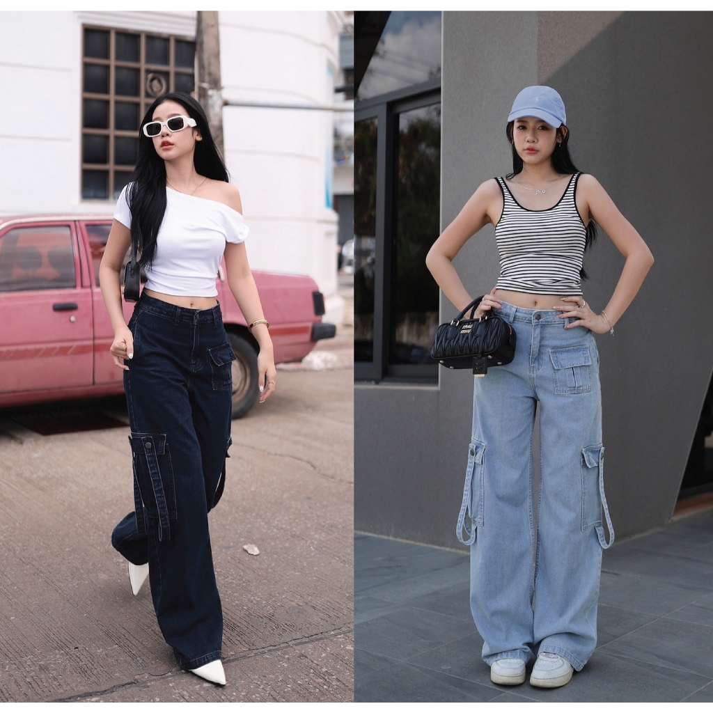 CARGO SOFT DENIM PANTS มี 2 สี : N7500 สียีนเข้ม, N7501 สียีนอ่อน - NUMBERSEVEN