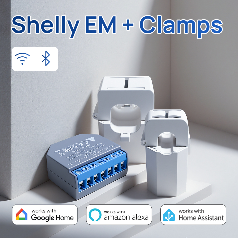 Shelly EM + Clamp Domotica WiFi Operated Energy Meter Contactor Control Internal Memory Measurement Alarm