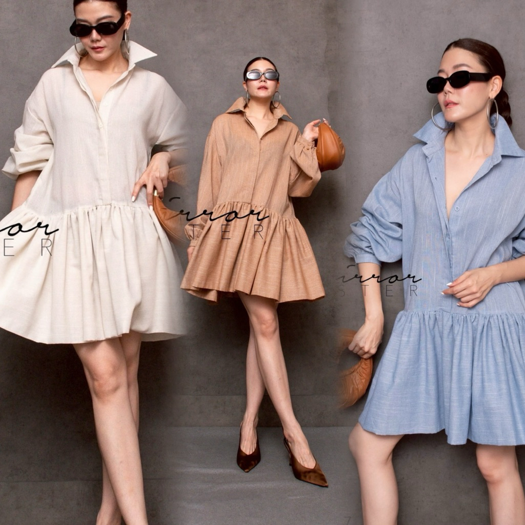 ••Mirrorsister’s LẽLẽ Dress••  50722.7 เดรสเชิ้ตแขนยาวทรงพอง Balloon – โปรปัง