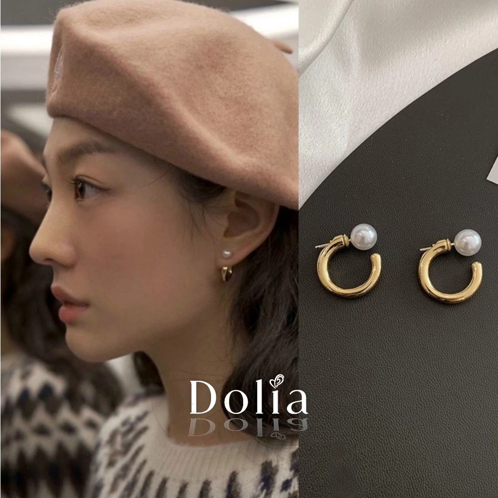 DOLIA [พร้อมส่งจากไทย] ต่างหูห่วงเงินแท้ S925 ต่างหูมุกทรงตัวซี ใส่ได้ 2 แบบ เงินสเตอร์ลิง สไตล์เรียบหรู A10