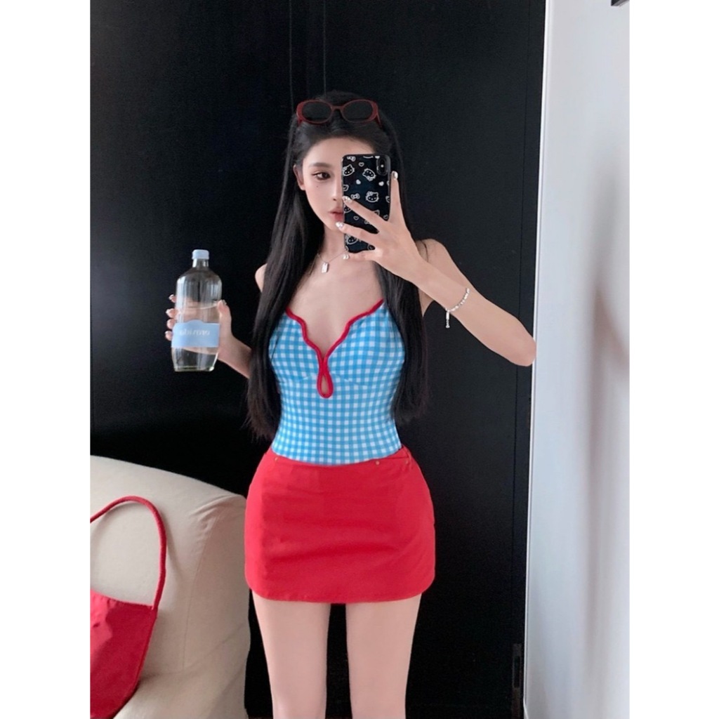 พร้อ​มส่ง ชุดว่ายน้ำวันพีซ ชุดว่ายน้ำกระโปรง แฟชั่นเกาหลี ลายสก็อตย้อนยุค เซ็กซี่ beachwear ราคา ถูกที่สุด ดีลบีเคเค แกลเลอรีภาพที่ 9
