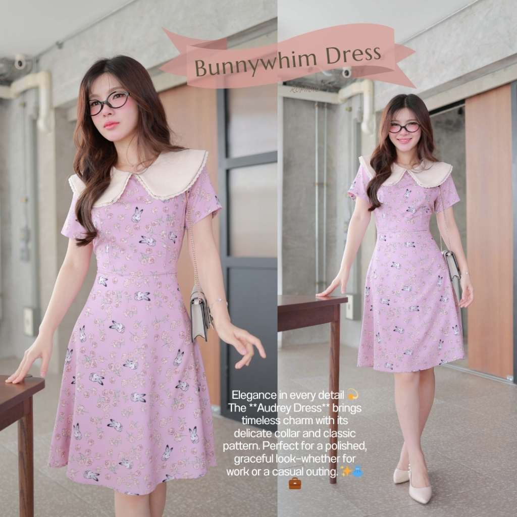 "Romi"Oil" Bunnywhim Dress (Pink) K267 ชุดเดรสสีชมพู (คอบัวแต่งลูกไม้)