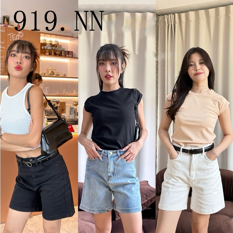 🔥919nn🔥กางเกงยีนขาสั้น เอวสูง สไตล์เกาหลี สำหรับผู้หญิง ไซซ์ XS-XL