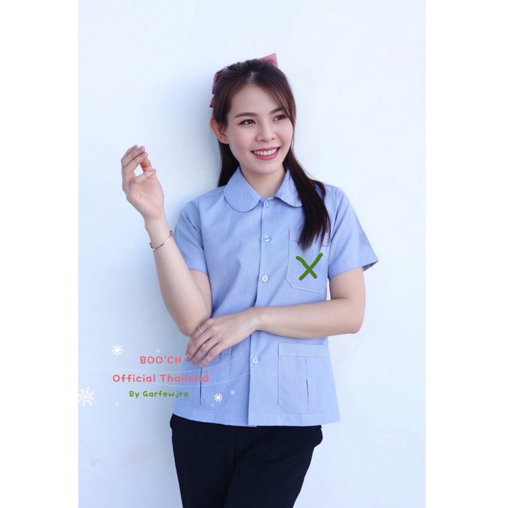 เสื้ออนามัย เสื้อชุมชน คอบัว ลายริ้วสีฟ้า