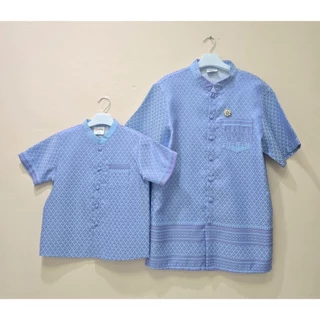 C006 เสื้อคอจีนผู้ชาย ชุดไทยเด็กผู้ชาย แขนสั้น ฟ้าลายไทยสง่า งานบวช สีฟ้า พ่อลูก