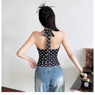 Rita พร้อมส่ง🍒ลายโพกาดอท เสื้อคล้องคอ เสื้อครอป และเปิดหลัง คอวีลึก ผูกคอ ดูแพง เซ็กซี่แฟชั่นผู้หญิง ทรงเข้ารูป จับจีบ