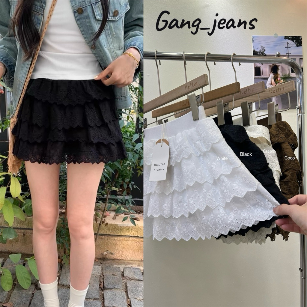 Gang_jeans#2503(K)กระโปรงสั้น ลูกไม้ ระบาย4 ชั้น ขอบเอวสม๊อคเรียบ