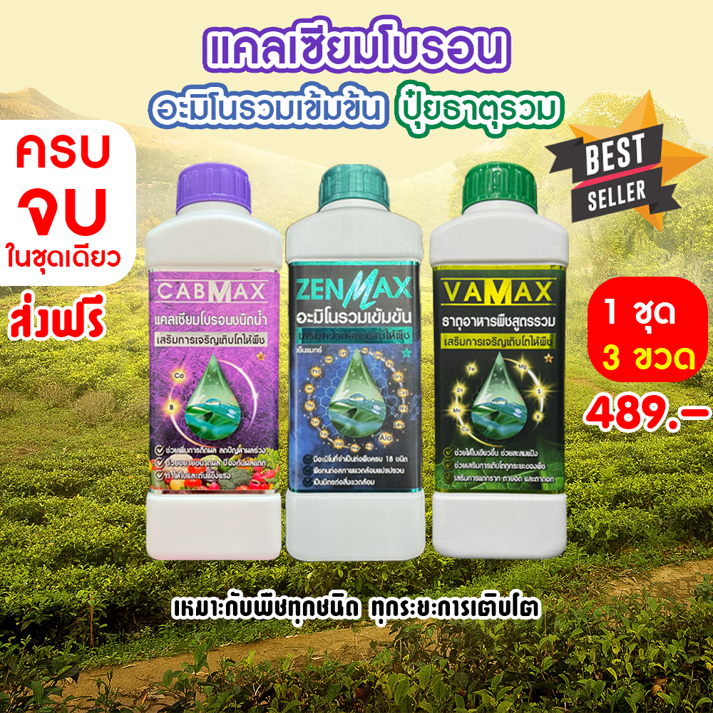 (1ชุด) CABMAX แคลเซียมโบรอนเข้มข้น VAMAX ธาตุอาหารรวมเข้มข้น ZENMAX อะมิโนรวมเข้มข้น (Z1+C1+V1)