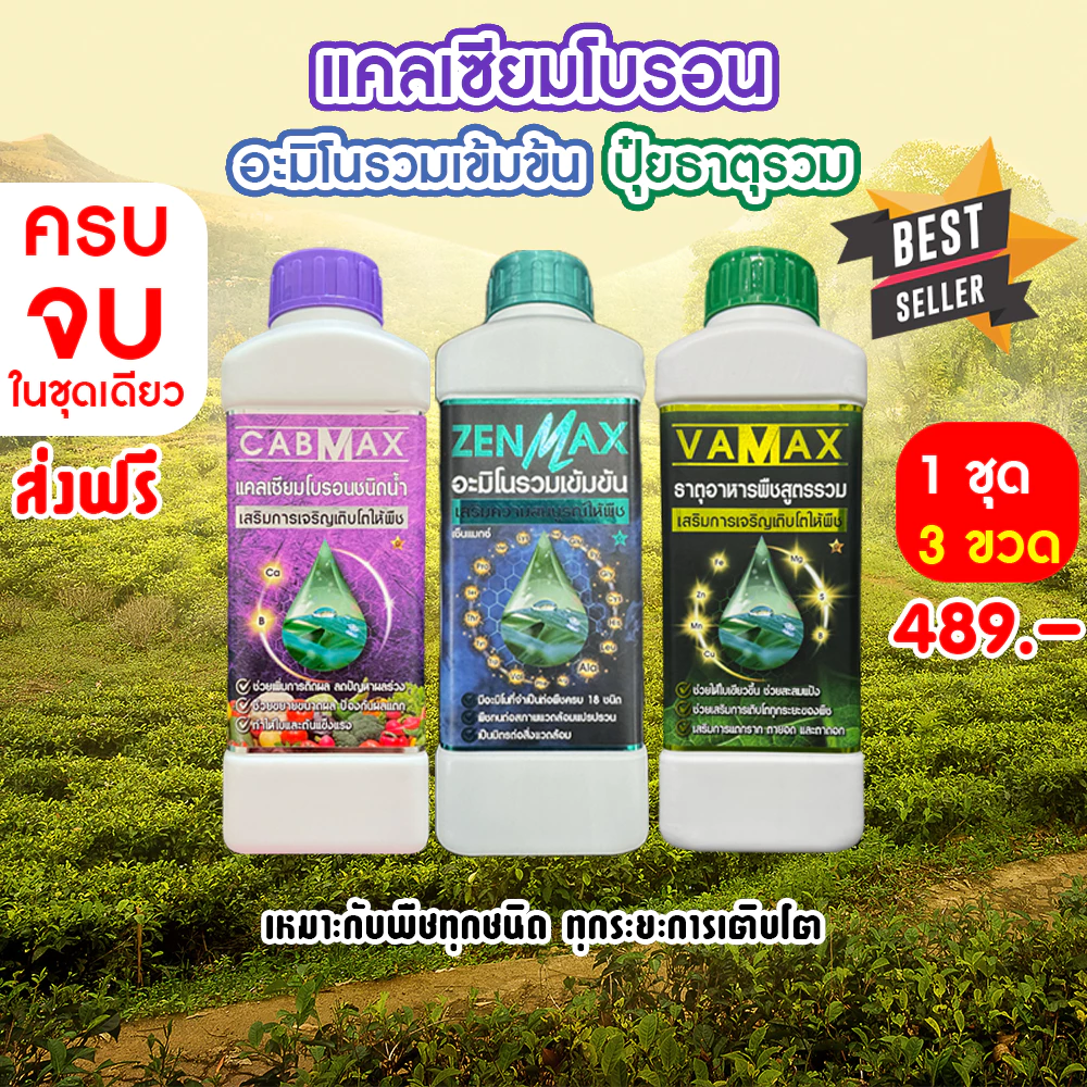 (1ชุด) CABMAX แคลเซียมโบรอนเข้มข้น VAMAX ธาตุอาหารรวมเข้มข้น ZENMAX อะมิโนรวมเข้มข้น (Z1+C1+V1)