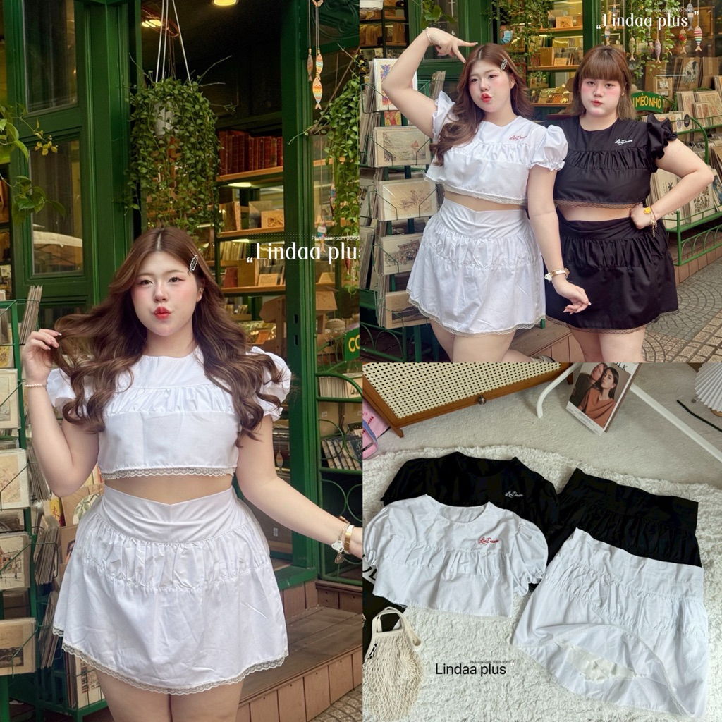 (LD) เซ็ตเสื้ออทรงระบาย+กระโปรงยาว ผ้าคอตตอนเนื้อดี สีพาสเทล น่ารัก เรียบร้อย เสื้อผ้าสาวอวบอ้วน พลัสไซส์ ไซส์ใหญ่