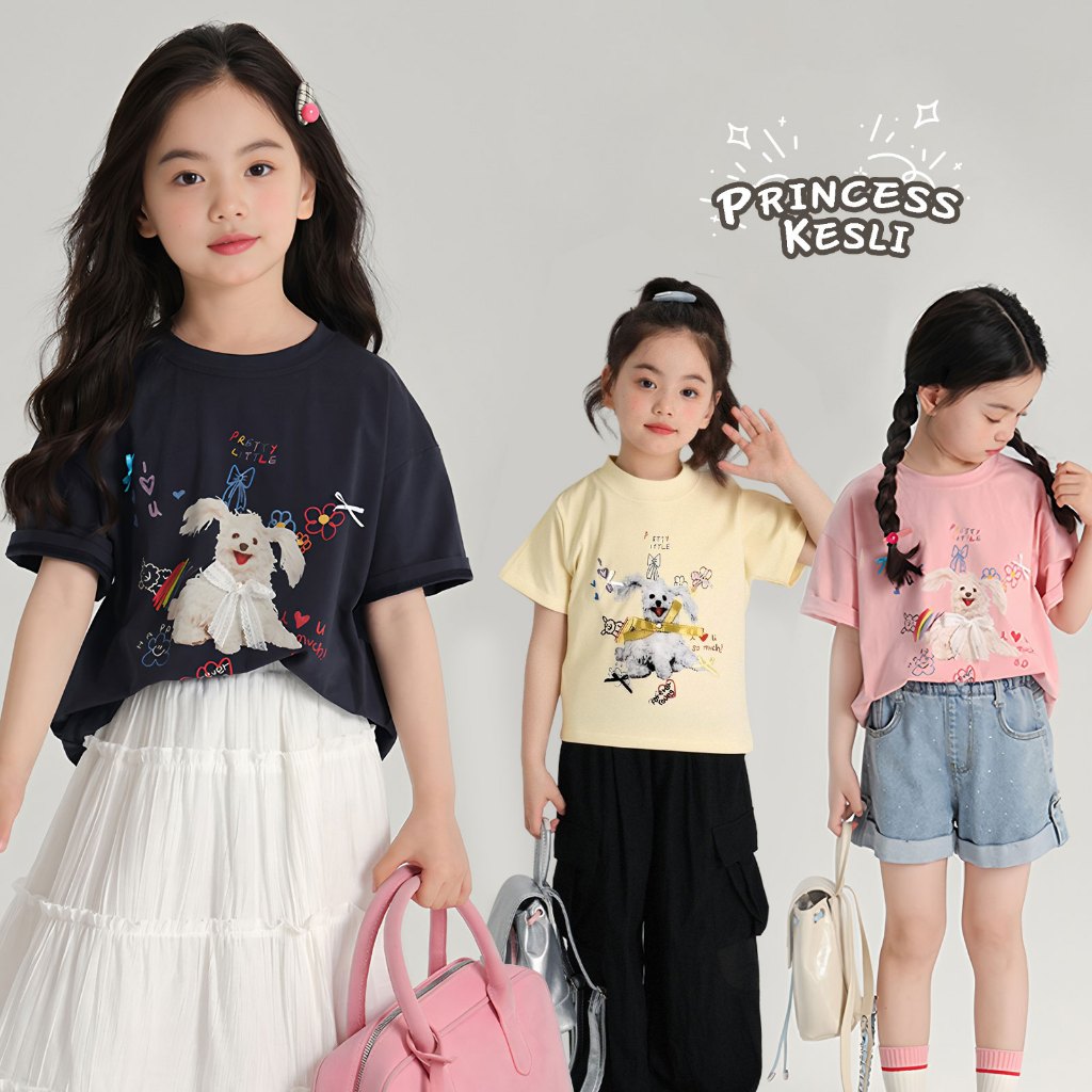 PRINCESS KESLI เสื้อยืดเด็ก แขนสั้น เสื้อยืดมินมอลเด็กผู้หญิง 2025 เสื้อยืดแขนสั