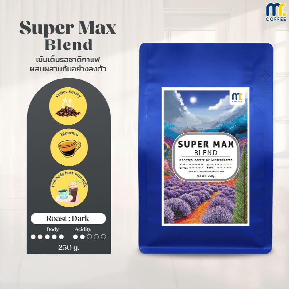 Mr.coffee เมล็ดกาเเฟคั่ว สูตร Super max เมล็ดกาแฟผสม คั่วเข้ม ขนาด 250 กรัม