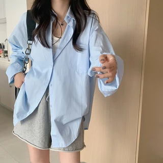 เสื้อผ้ากันแดดผู้หญิง แขนยาวหลวมๆ ทันสมัย เสื้อเชิ้ตสไตล์เกาหลี เรียบง่ายและใช้งานได้หลากหลาย สีพื้น มีกระเป๋าหน้า