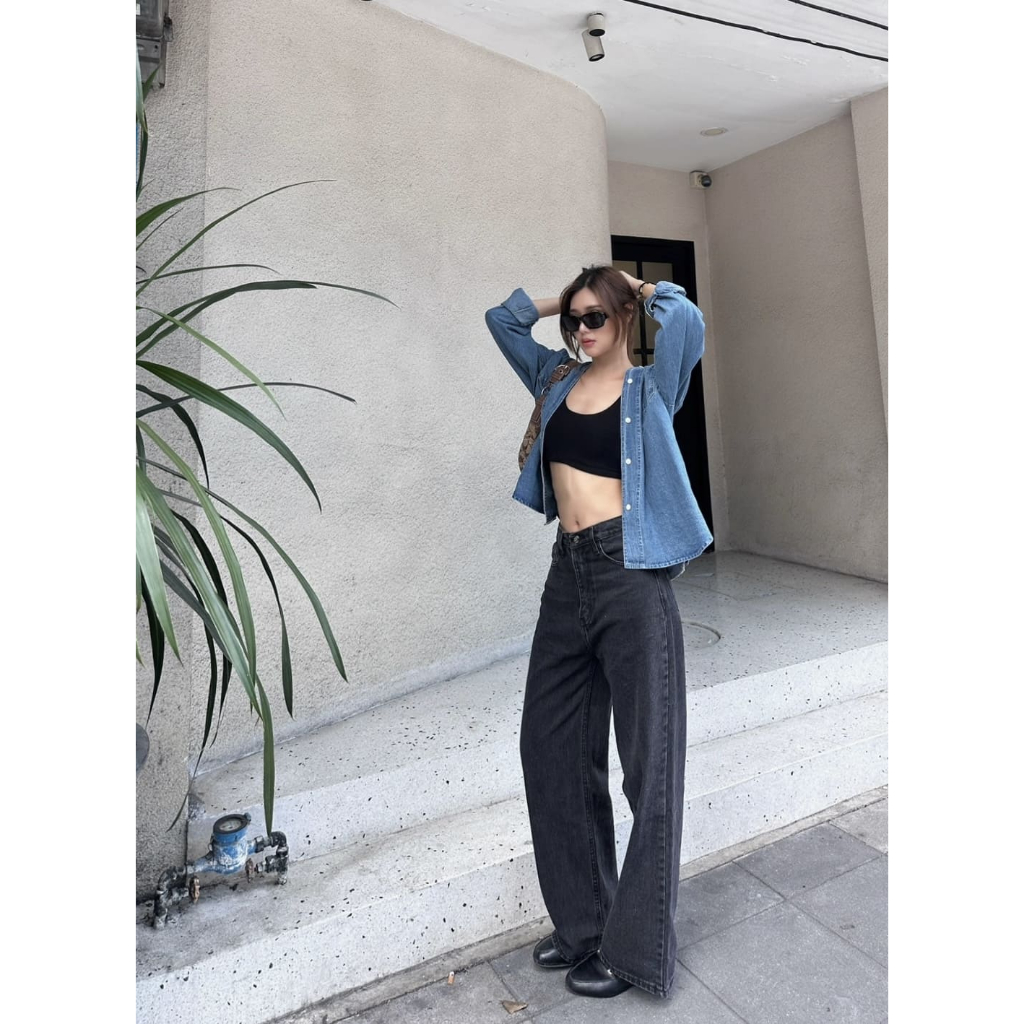ยีนส์ Nammon Jeans S30 กางเกงยีนส์กระบอกใหญ่ดำฟอกเรียบ-ผ้าไม่ยืด