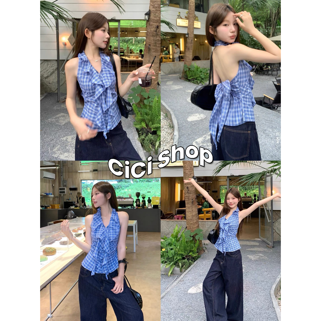 Cicishop(Y6336) เสื้อคล้องคอลายตารางสีน้ำเงินคอวี ผ้าฝ้ายผูกหลังสไตล์เรโทร ด้านหน้าแต่งระบาย