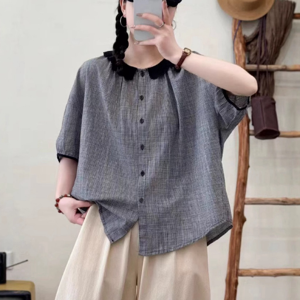 เสื้อลำลองน่ารัก สไตล์ญี่ปุ่น [รวม] คอปกลูกไม้ ทรงปล่อย ผ้าลายสก็อต ลายตารางเล็ก Herbiestyle