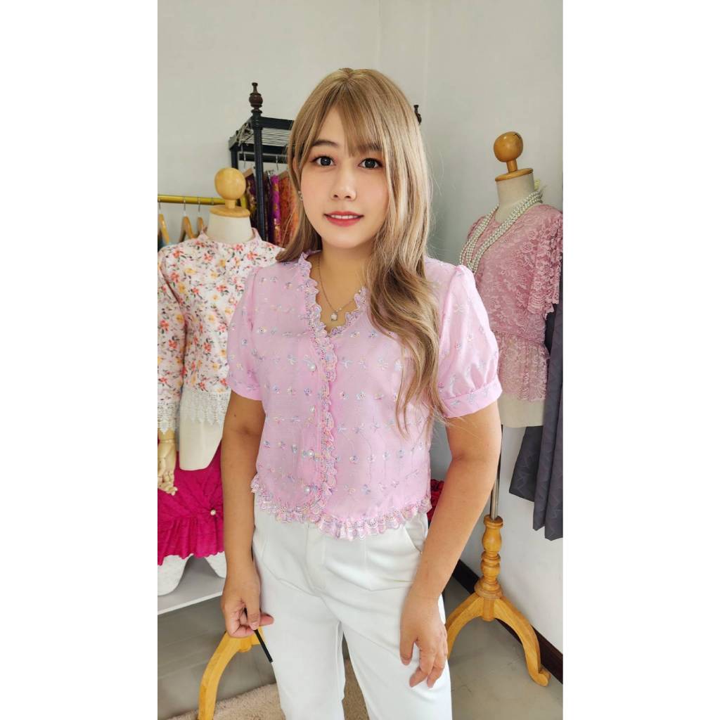 อก34-54นิ้วเสื้อผ้าฝ้ายปักลายลูกไม้สลับสี คอวีแต่งระบายแขนสั้น - รูปที่ 7