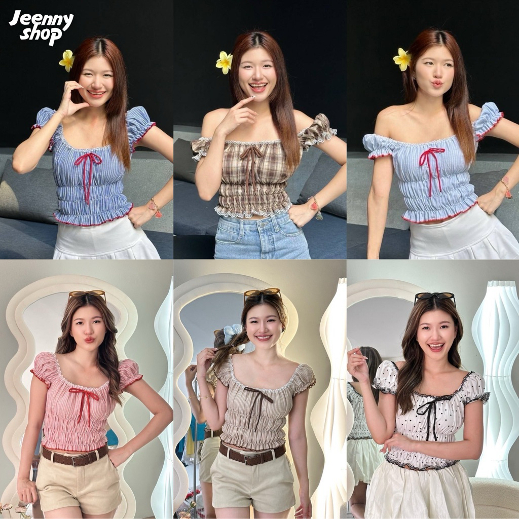 Mellow crop เสื้อครอปแขนตุ๊กตา แต่งลูกไม้ ผูกโบว์หน้า สม็อครอบตัว