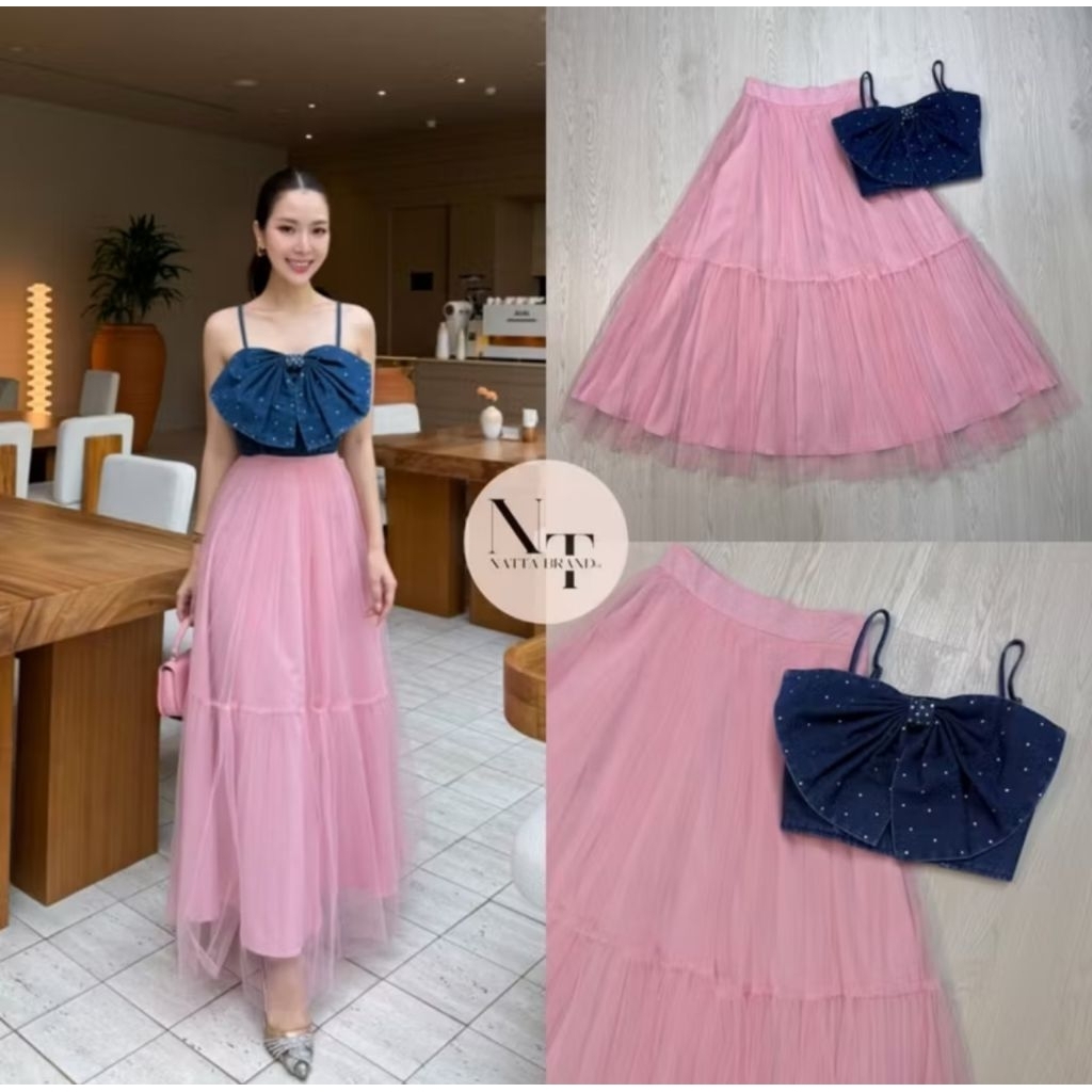 A6637💘มีS,M,L,XL[ปกติ]ป้ายNATTAเซตกระโปรงยาวผ้ามุ้งเสื้อสายเดี่ยว