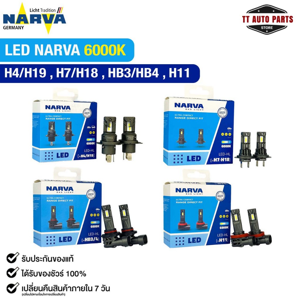 หลอดไฟหน้ารถยนต์ NARVA 6000K LED H4/H19 , H7/H18 , HB3/HB4 , H11 รุ่น Range Direct Fit