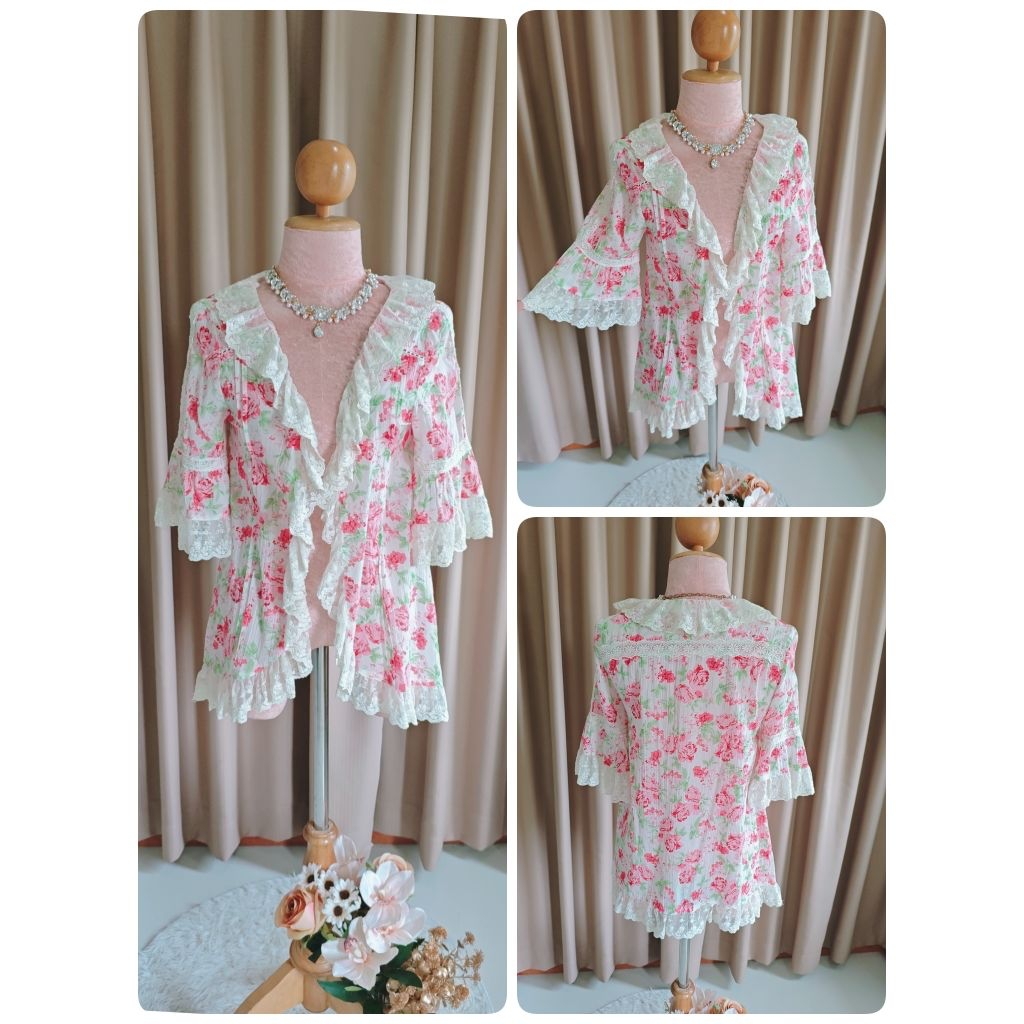 เสื้อคลุม แบรนด์ Lizlisa มือ 1 ใหม่ สีชมพูลายดอกประดับลูกไม้แขนกระดิ่ง สวยหวานมากๆ 😘💕แบรนด์ญี่ปุ่น 🇯