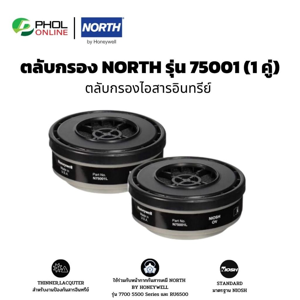 NORTH ตลับกรองไอสารอินทรีย์ รุ่น 75001 (1คู่) ใช้ร่วมกับหน้ากากกันสารเคมี งานพ่นสี ทินเนอร์ แลคเกอร์