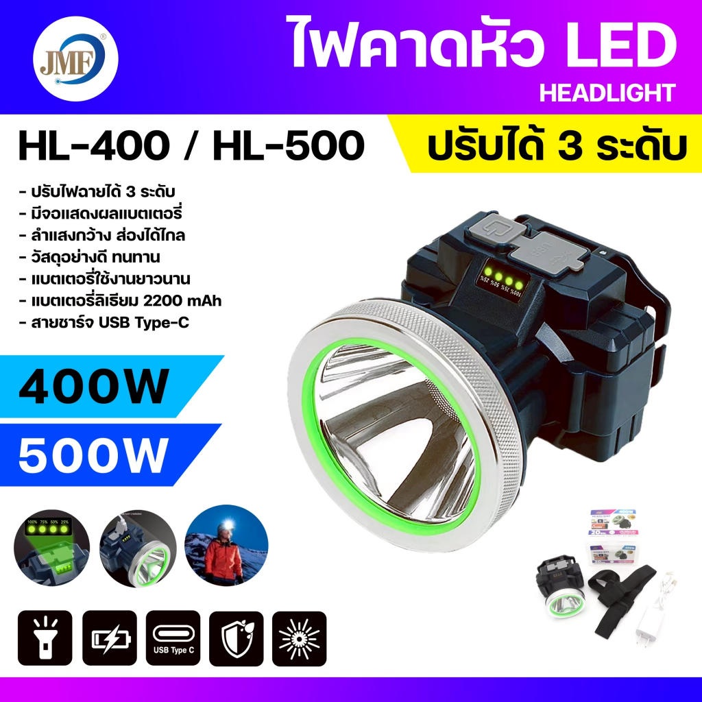 ไฟฉายคาดหัว HL-400 / HL-500 LED ไฟคาดศรีษะ ไฟส่องกบ ตกปลา เดินป่า ปรับได้ 3ระดับ กันน้ำ แบตอึด ใช้งานได้นาน พร้อมส่ง