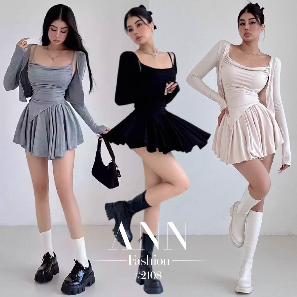 เซ็ต3ชิ้น สีดำ เสื้อครอปสายเดี่ยวชายเฉียงสีพื้นปรับสายได้+ กระโปรงกางเกงเอวยางยืด + เสื้อคลุมแขนยาว #2108
